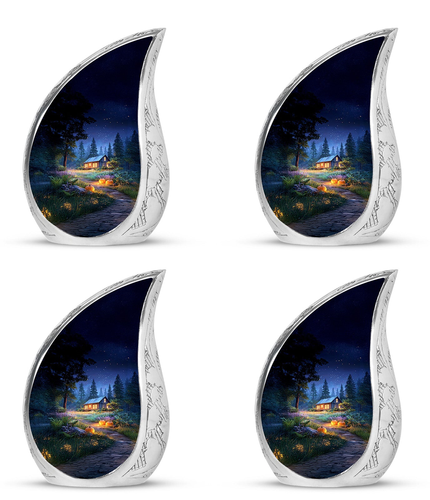 Misty Blue Halloween Cremation Urn close-up of engraving and surface detail - flowing teardrop halloween silhouette on curved aluminum - 10 inch aluminum urn for cremated remains