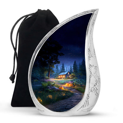 Misty Blue Halloween Cremation Urn front view showing detailed design - flowing teardrop halloween silhouette on curved aluminum - full-size 10 inch 200 cubic inch adult cremation urn