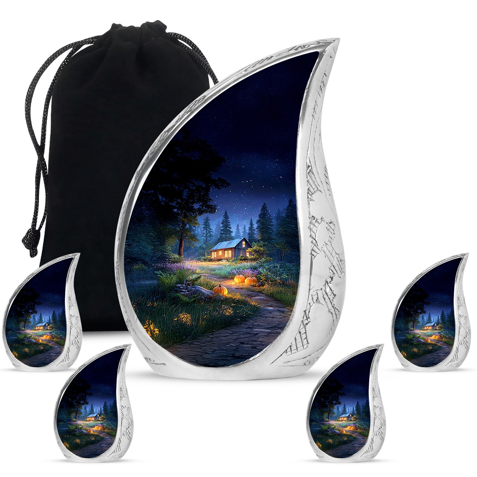 Pastel Blue Halloween Cremation Urn side profile showing urn shape - flowing teardrop halloween silhouette on curved aluminum - memorial set with one large and four small urns
