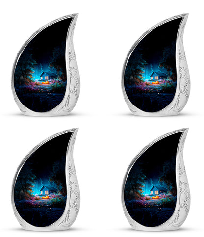 Sky Blue Halloween Cremation Urn close-up of engraving and surface detail - flowing teardrop halloween silhouette on curved aluminum - 10 inch aluminum urn for cremated remains