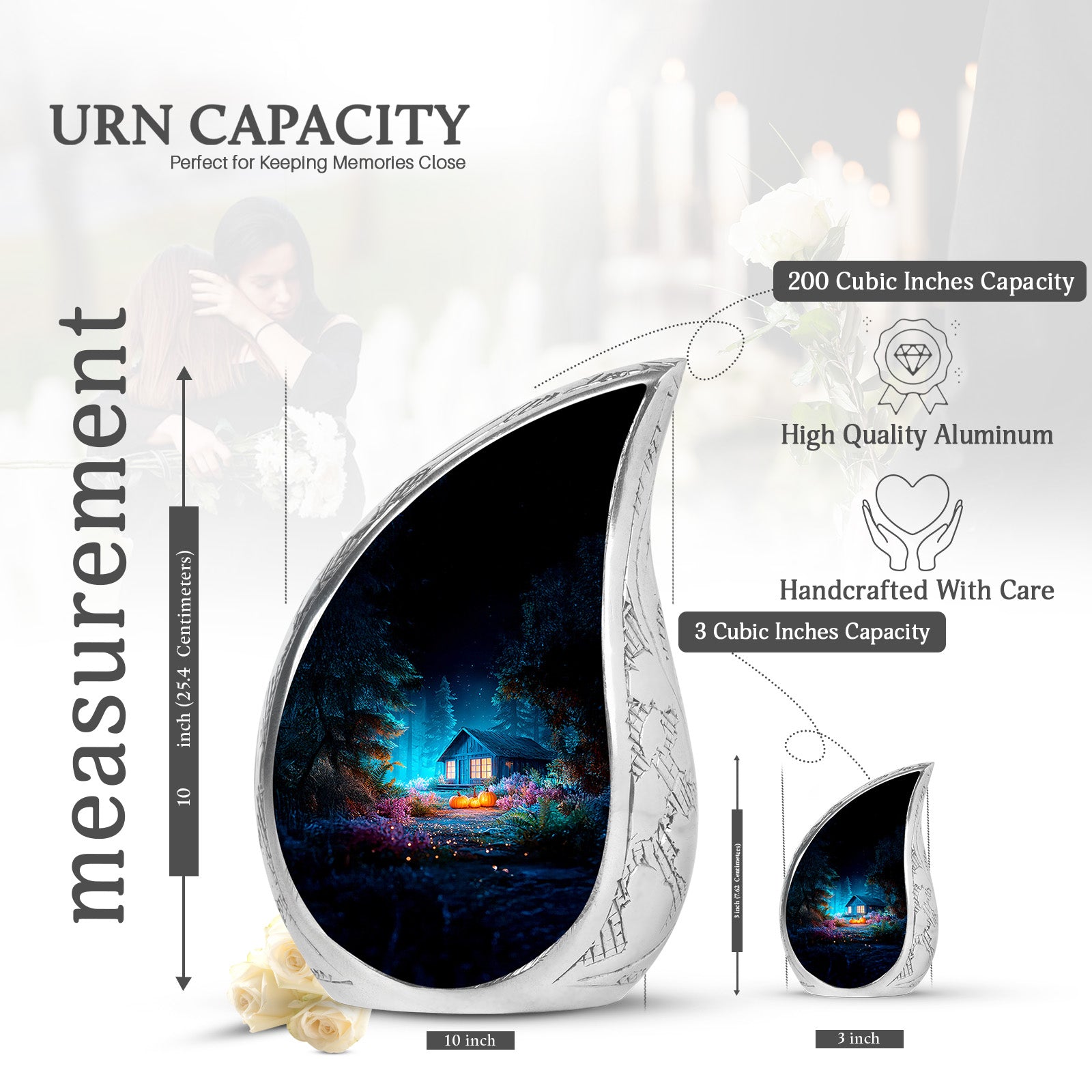 Serene Blue Halloween Cremation Urn angled view of lid and engraved motif - graceful tear-shaped urn with halloween motif - mini keepsake memorial for portion of cremation ashes