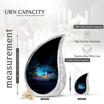 Serene Blue Halloween Cremation Urn angled view of lid and engraved motif - graceful tear-shaped urn with halloween motif - mini keepsake memorial for portion of cremation ashes