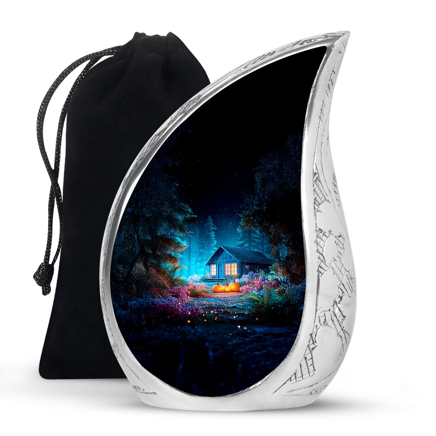 Navy Blue Halloween Cremation Urn front view showing detailed design - flowing teardrop halloween silhouette on curved aluminum - full-size 10 inch 200 cubic inch adult cremation urn