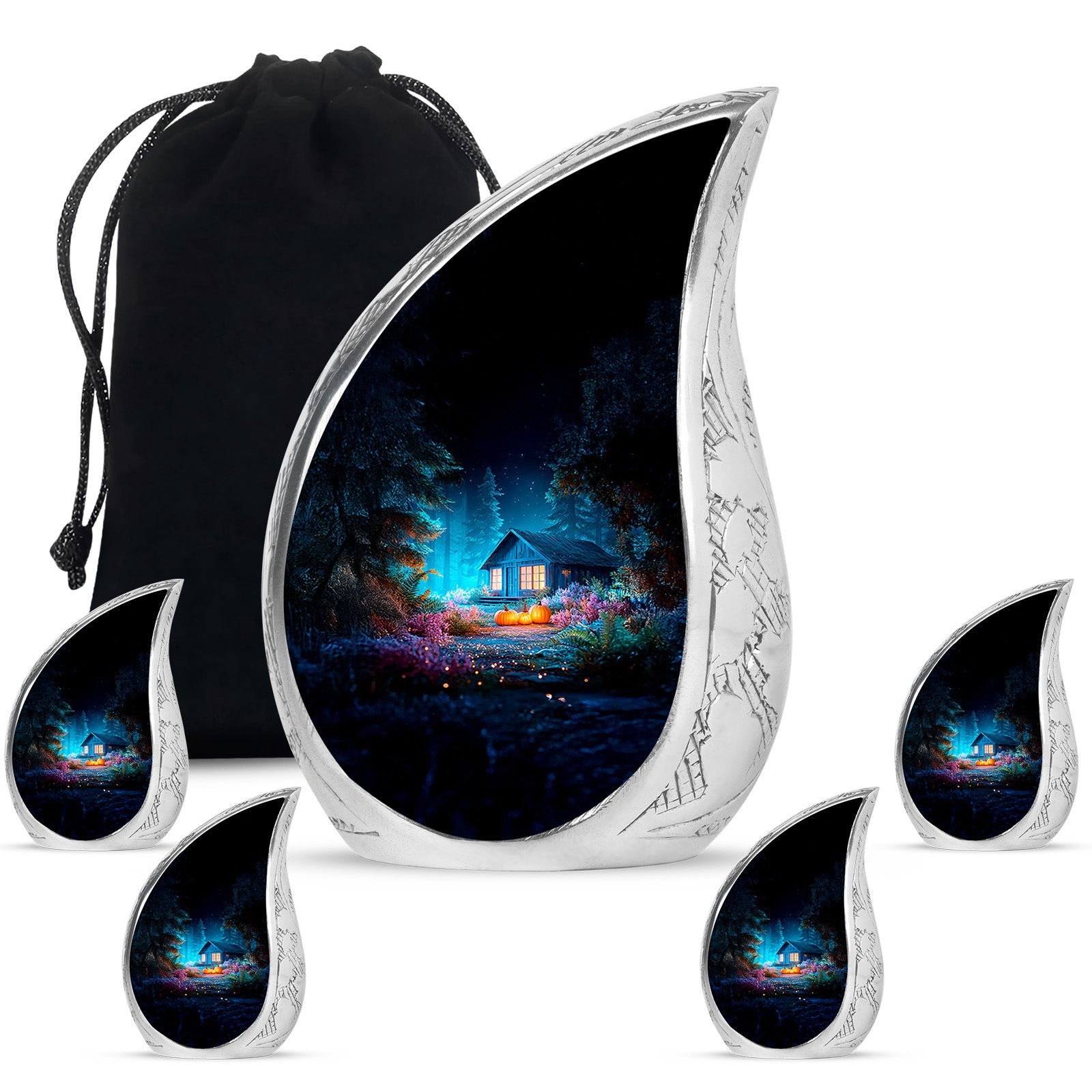 Twilight Blue Halloween Cremation Urn side profile showing urn shape - smooth teardrop contour featuring halloween art - memorial set with one large and four small urns