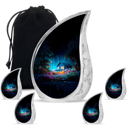 Twilight Blue Halloween Cremation Urn side profile showing urn shape - smooth teardrop contour featuring halloween art - memorial set with one large and four small urns