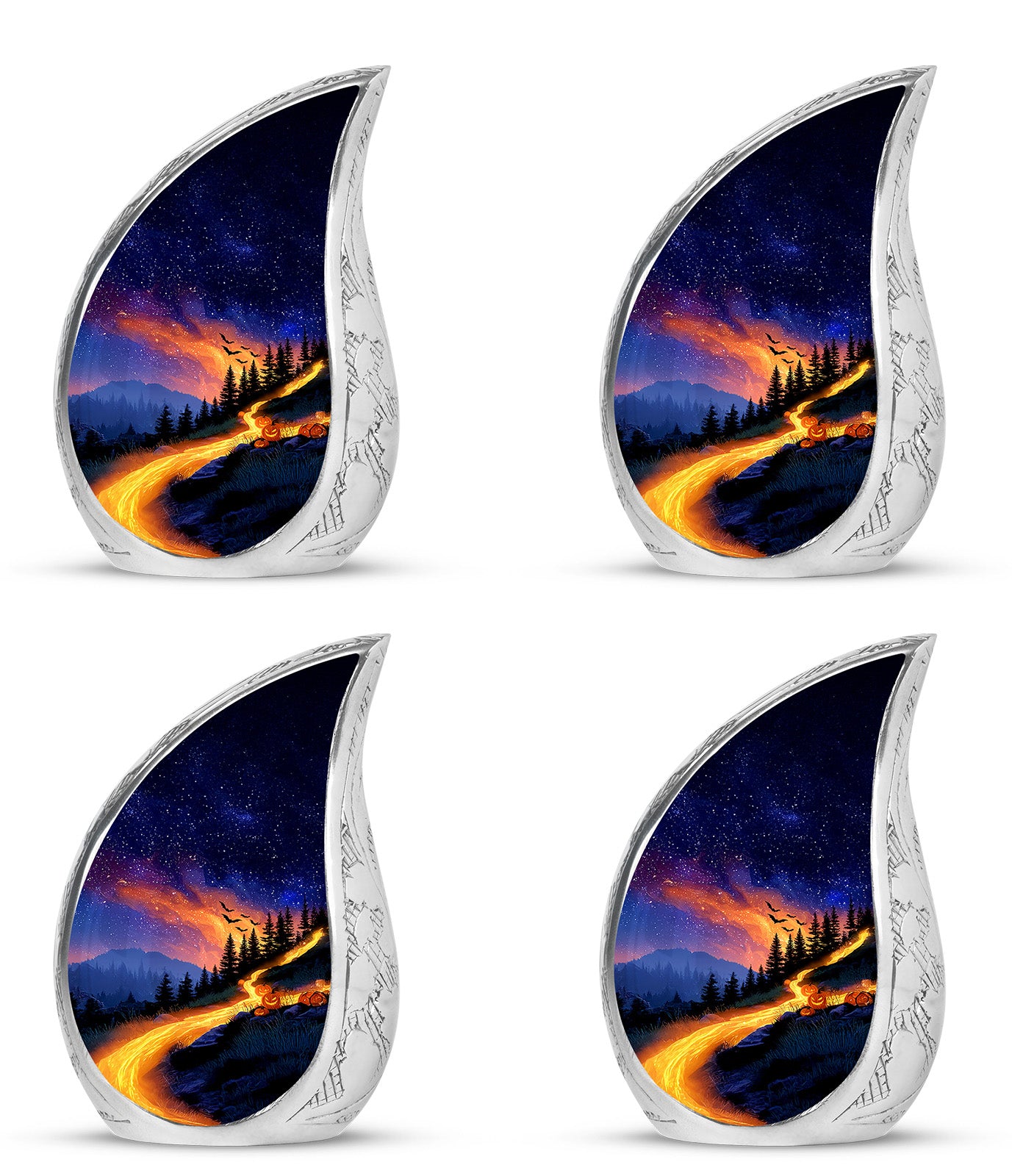 Sky Blue Halloween Cremation Urn close-up of engraving and surface detail - rounded teardrop halloween design with delicate detail - 10 inch aluminum urn for cremated remains