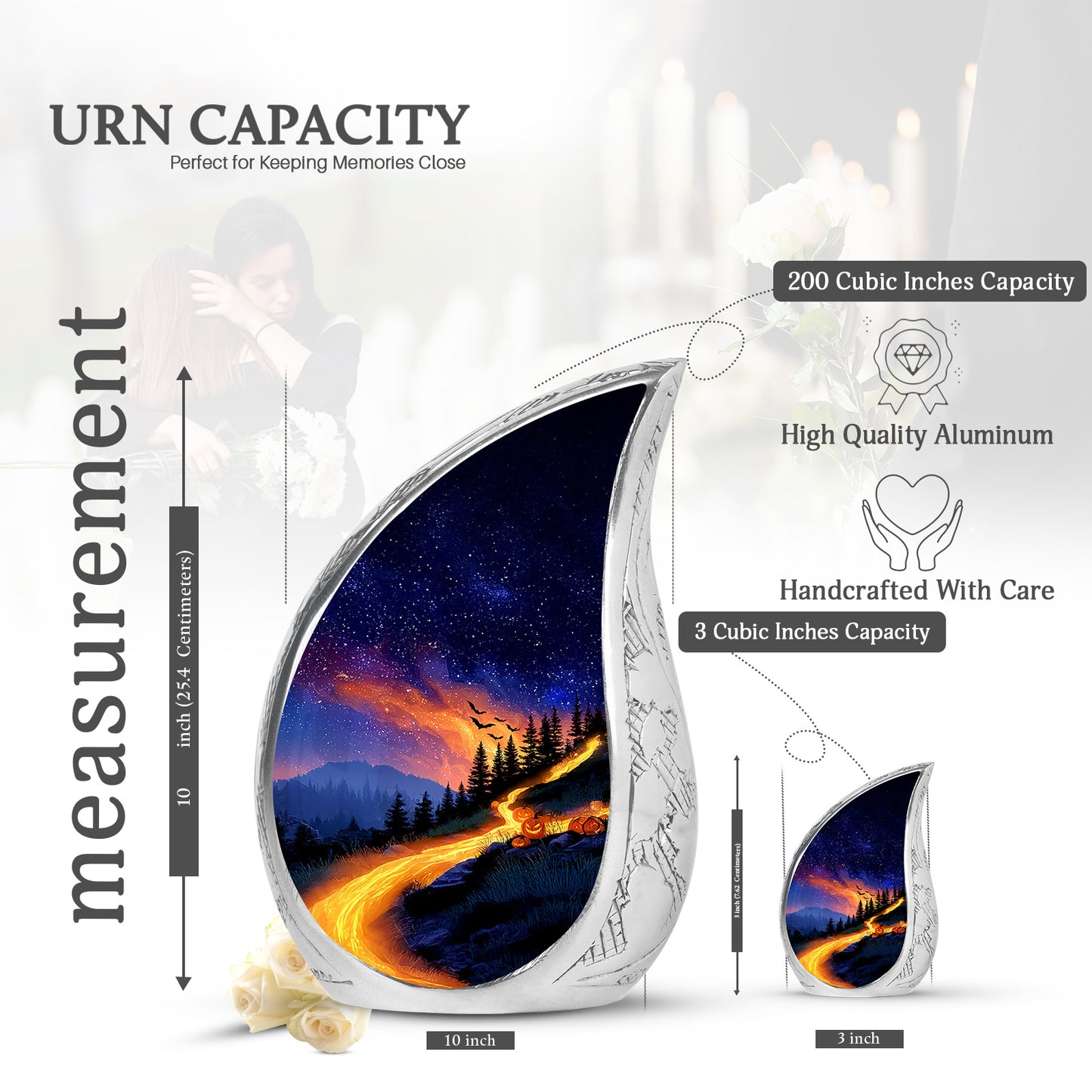 Soft Blue Halloween Cremation Urn angled view of lid and engraved motif - graceful tear-shaped urn with halloween motif - mini keepsake memorial for portion of cremation ashes
