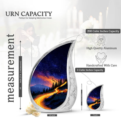 Soft Blue Halloween Cremation Urn angled view of lid and engraved motif - graceful tear-shaped urn with halloween motif - mini keepsake memorial for portion of cremation ashes