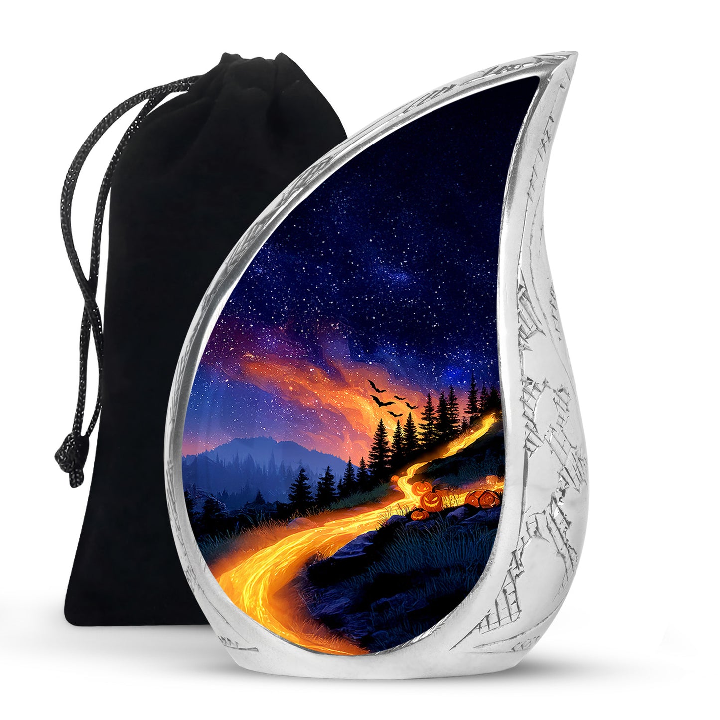 Indigo Halloween Cremation Urn front view showing detailed design - rounded teardrop halloween design with delicate detail - full-size 10 inch 200 cubic inch adult cremation urn