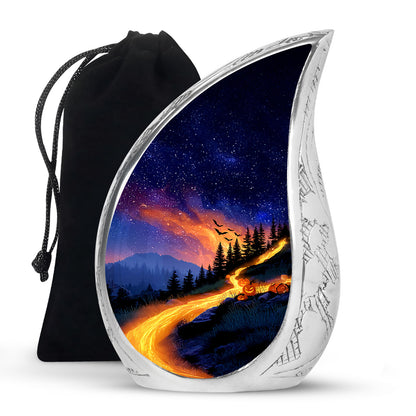 Indigo Halloween Cremation Urn front view showing detailed design - rounded teardrop halloween design with delicate detail - full-size 10 inch 200 cubic inch adult cremation urn