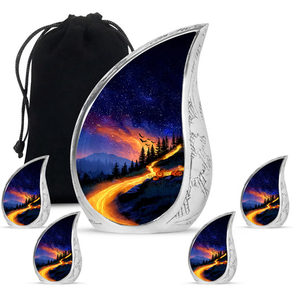 Serene Blue Halloween Cremation Urn side profile showing urn shape - graceful tear-shaped urn with halloween motif - memorial set with one large and four small urns
