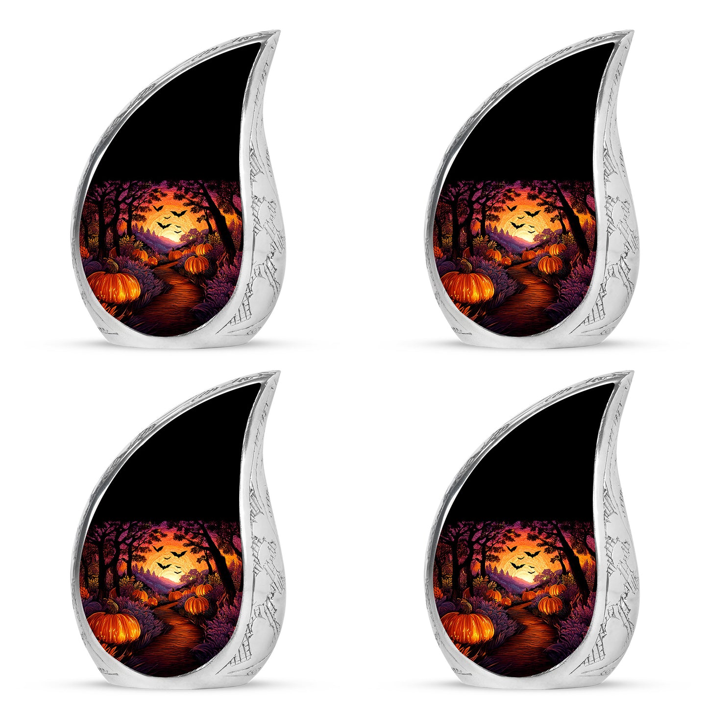 Ebony Halloween Cremation Urn close-up of engraving and surface detail - rounded teardrop halloween design with delicate detail - 10 inch aluminum urn for cremated remains