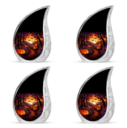 Ebony Halloween Cremation Urn close-up of engraving and surface detail - rounded teardrop halloween design with delicate detail - 10 inch aluminum urn for cremated remains
