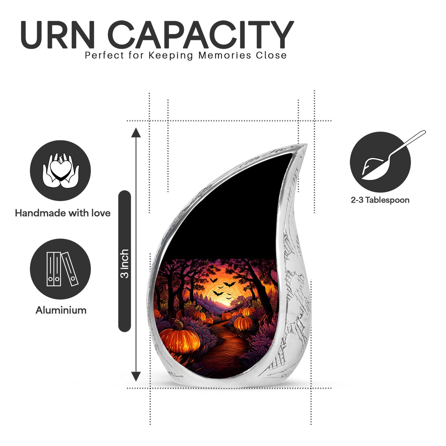 Rich Black Halloween Cremation Urn angled view of lid and engraved motif - flowing teardrop halloween silhouette on curved aluminum - mini keepsake memorial for portion of cremation ashes