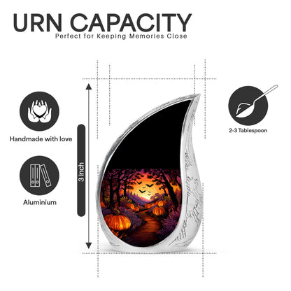 Rich Black Halloween Cremation Urn angled view of lid and engraved motif - flowing teardrop halloween silhouette on curved aluminum - mini keepsake memorial for portion of cremation ashes
