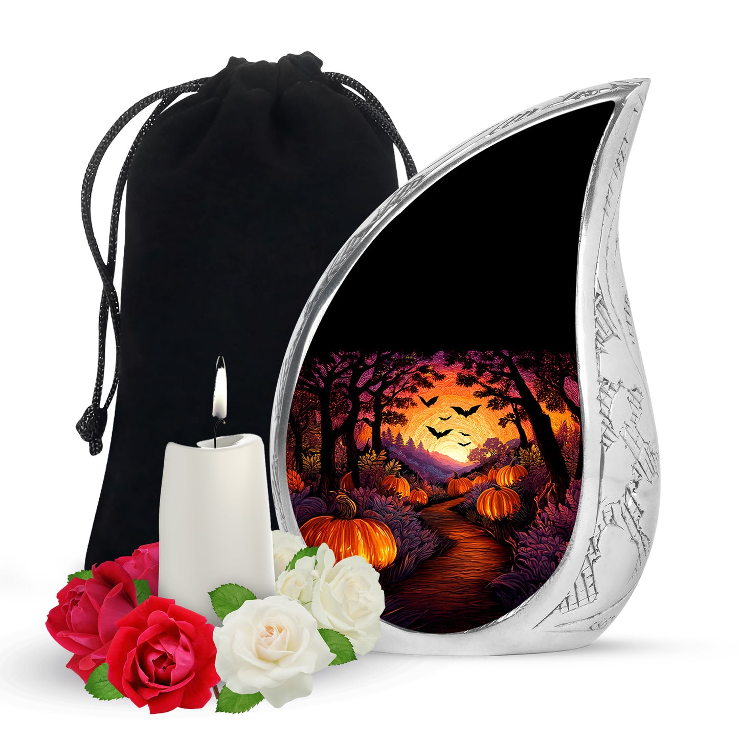 Rich Black Halloween Cremation Urn front view showing detailed design - rounded teardrop halloween design with delicate detail - full-size 10 inch 200 cubic inch adult cremation urn