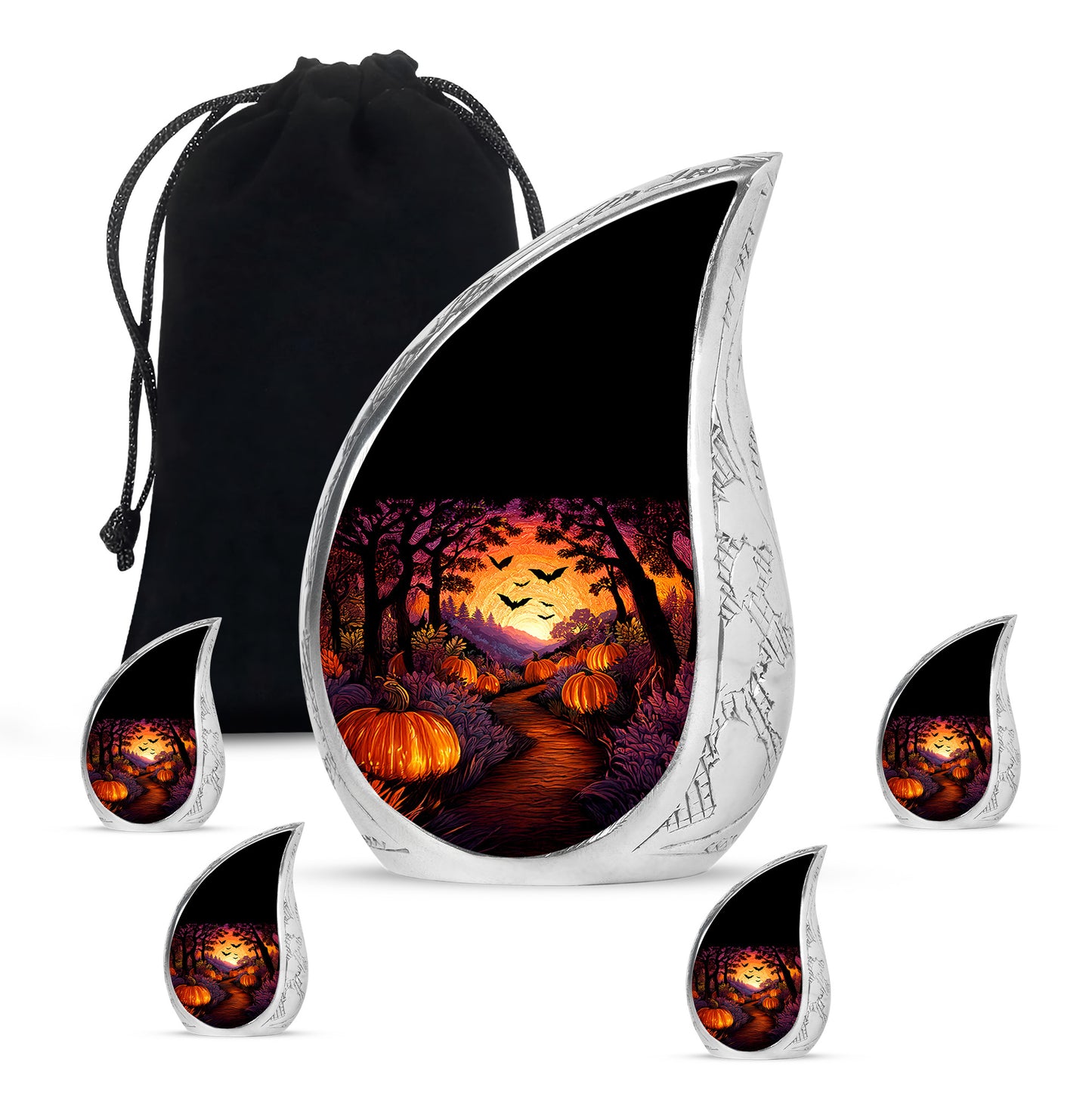 Obsidian Black Halloween Cremation Urn side profile showing urn shape - graceful tear-shaped urn with halloween motif - memorial set with one large and four small urns