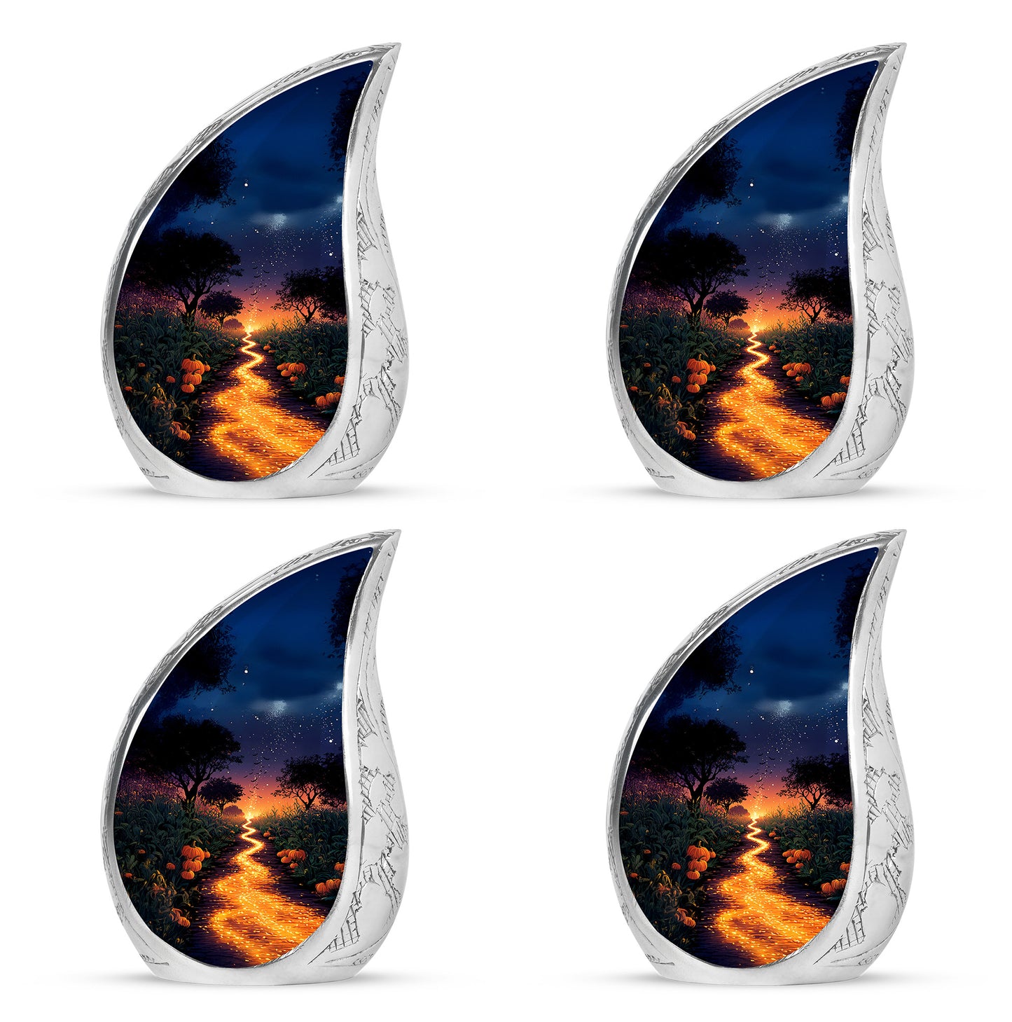 Cobalt Blue Halloween Cremation Urn close-up of engraving and surface detail - graceful tear-shaped urn with halloween motif - 10 inch aluminum urn for cremated remains