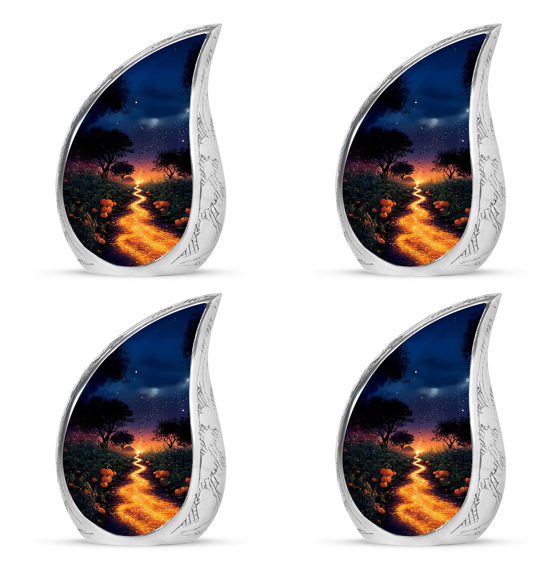 Cobalt Blue Halloween Cremation Urn close-up of engraving and surface detail - graceful tear-shaped urn with halloween motif - 10 inch aluminum urn for cremated remains