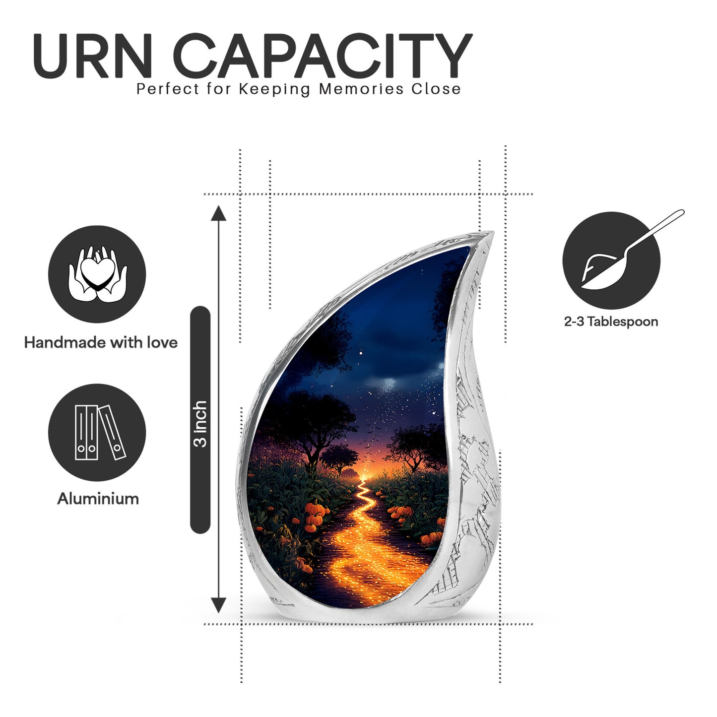 Twilight Blue Halloween Cremation Urn angled view of lid and engraved motif - smooth teardrop contour featuring halloween art - mini keepsake memorial for portion of cremation ashes