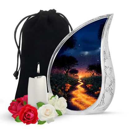 Slate Blue Halloween Cremation Urn front view showing detailed design - flowing teardrop halloween silhouette on curved aluminum - full-size 10 inch 200 cubic inch adult cremation urn