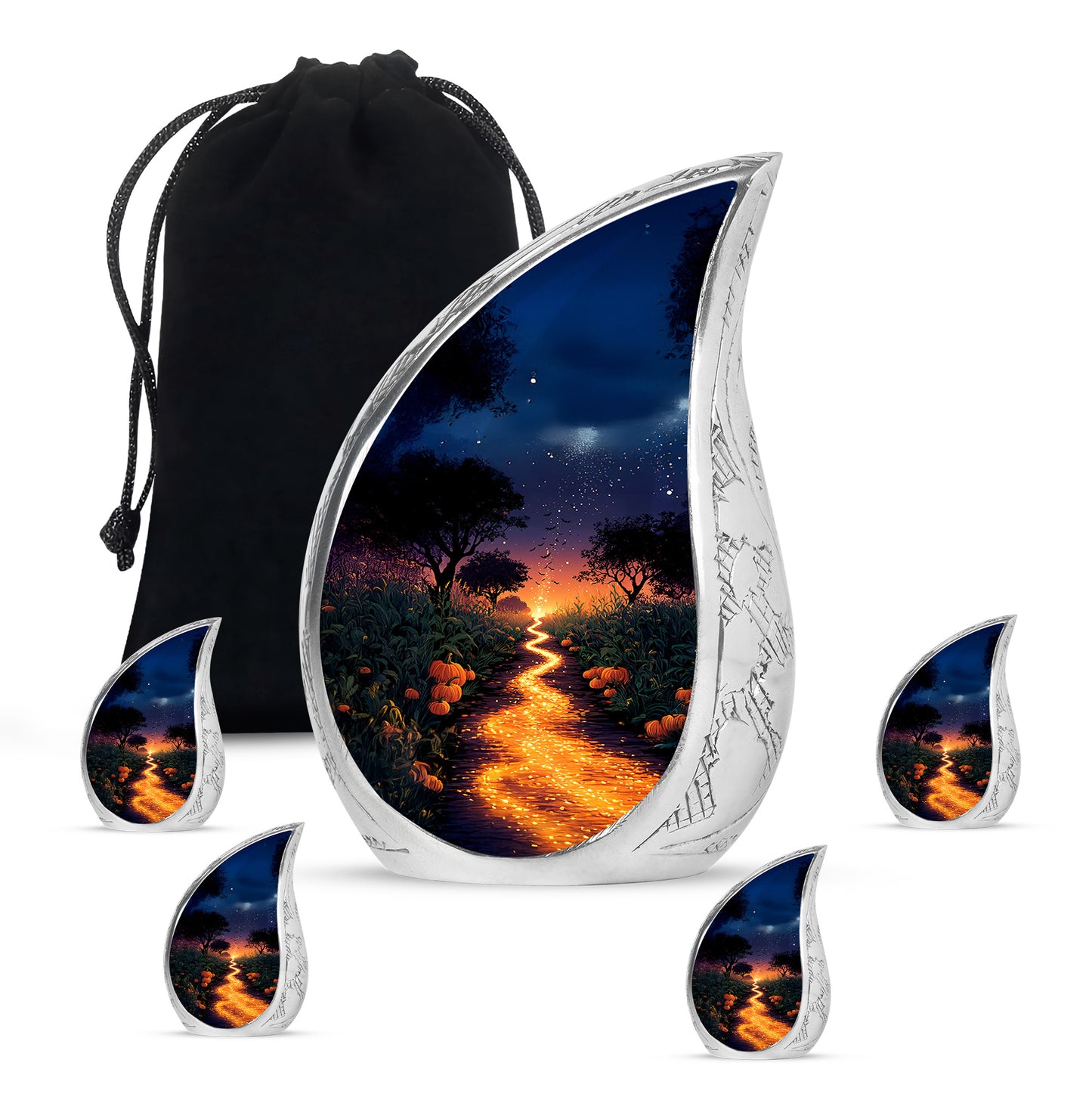Powder Blue Halloween Cremation Urn side profile showing urn shape - flowing teardrop halloween silhouette on curved aluminum - memorial set with one large and four small urns