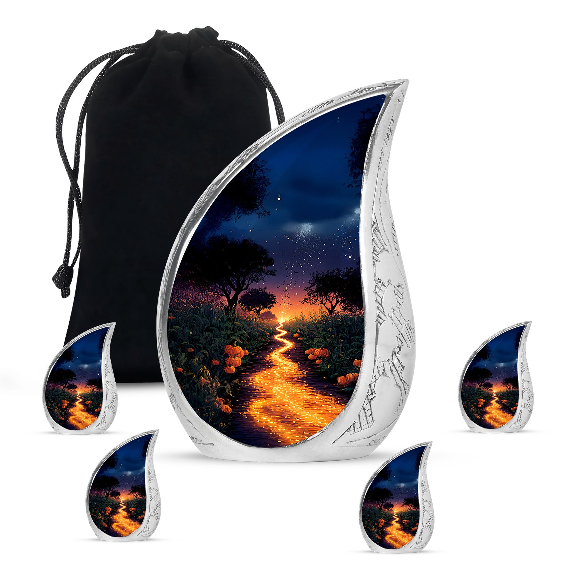 Powder Blue Halloween Cremation Urn side profile showing urn shape - flowing teardrop halloween silhouette on curved aluminum - memorial set with one large and four small urns