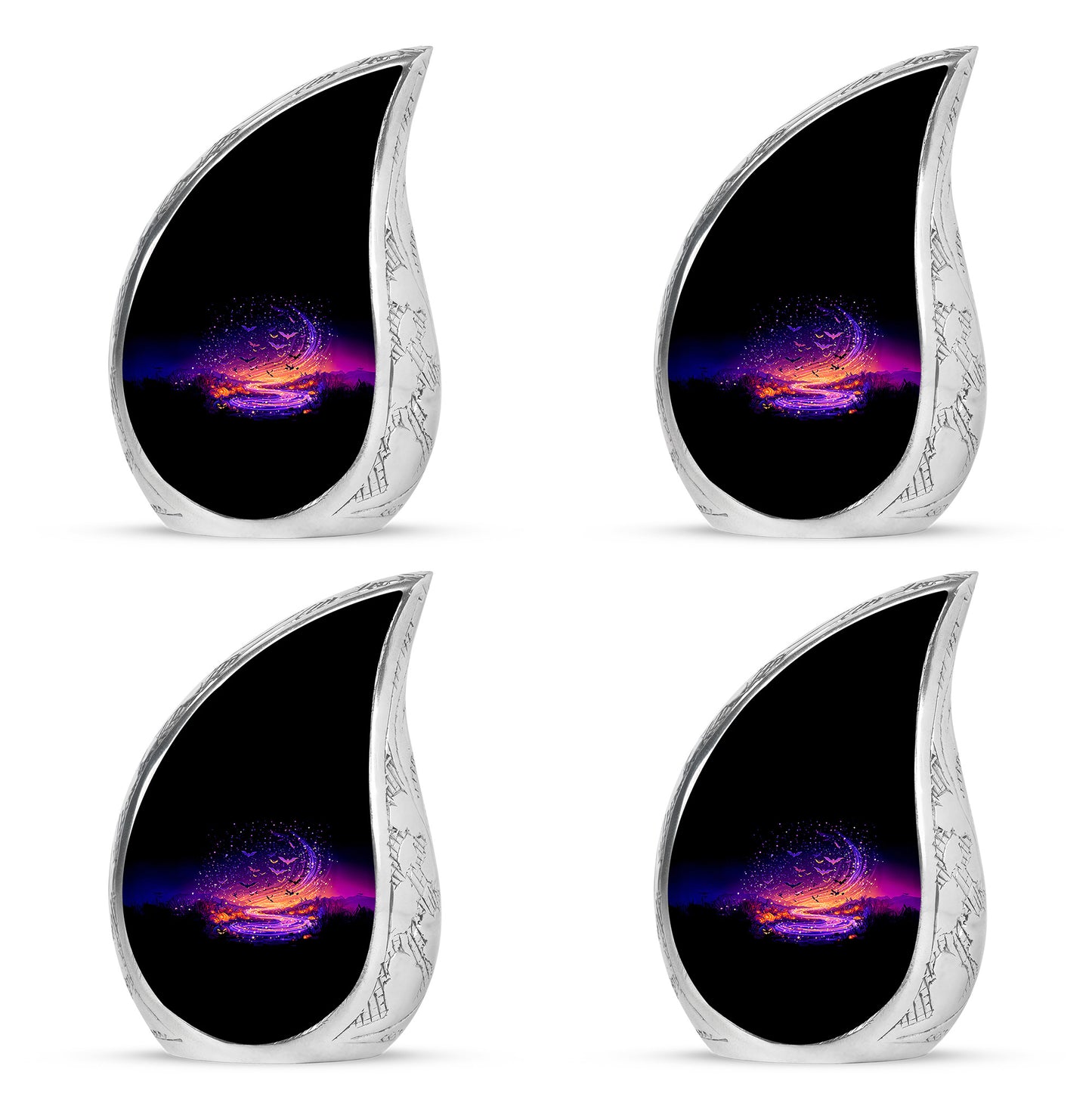 Obsidian Black Halloween Cremation Urn close-up of engraving and surface detail - graceful tear-shaped urn with halloween motif - 10 inch aluminum urn for cremated remains