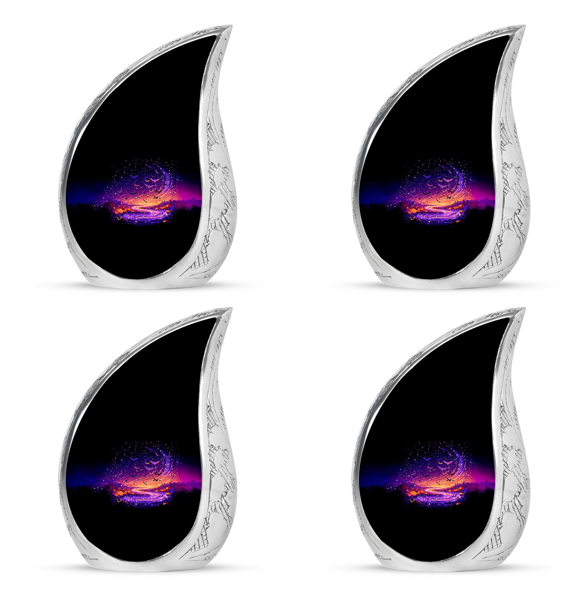 Obsidian Black Halloween Cremation Urn close-up of engraving and surface detail - graceful tear-shaped urn with halloween motif - 10 inch aluminum urn for cremated remains