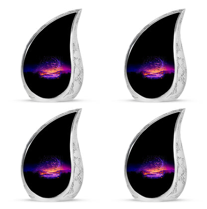 Obsidian Black Halloween Cremation Urn close-up of engraving and surface detail - graceful tear-shaped urn with halloween motif - 10 inch aluminum urn for cremated remains