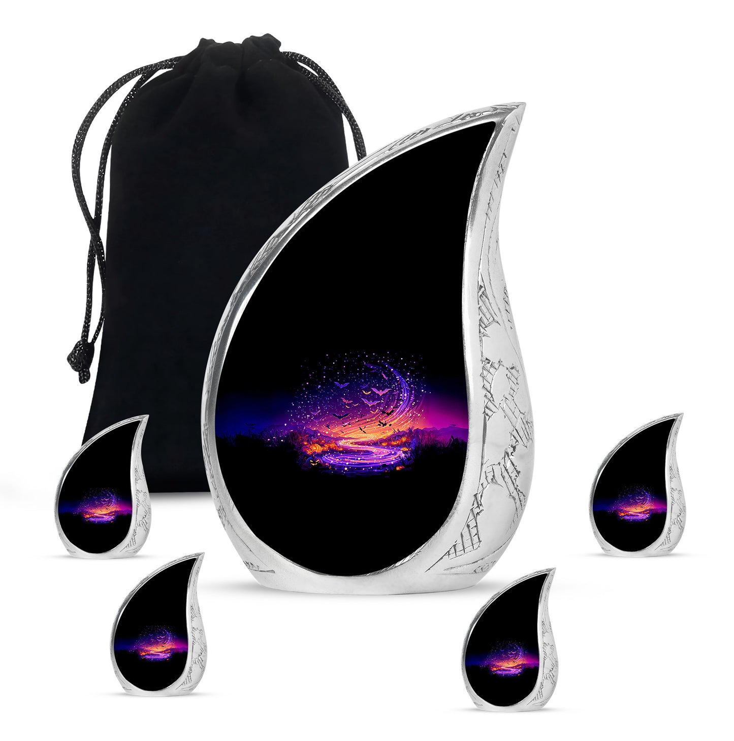 Jet Black Halloween Cremation Urn side profile showing urn shape - rounded teardrop halloween design with delicate detail - memorial set with one large and four small urns