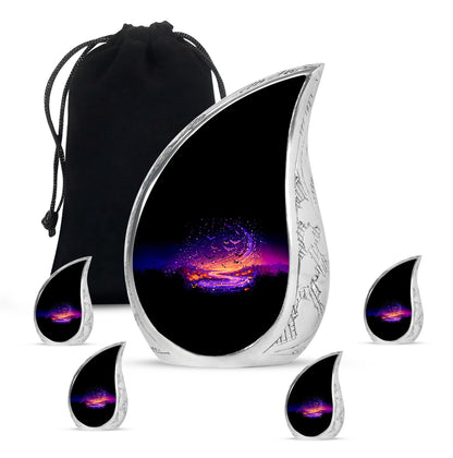 Jet Black Halloween Cremation Urn side profile showing urn shape - rounded teardrop halloween design with delicate detail - memorial set with one large and four small urns