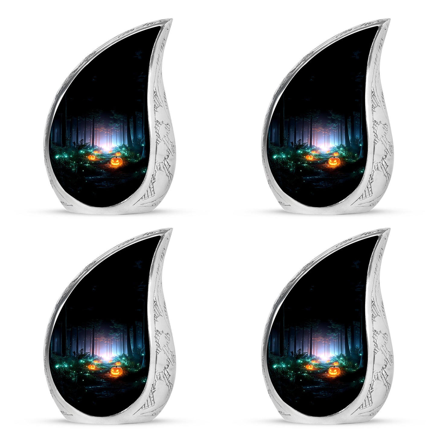 Glossy Black Halloween Cremation Urn close-up of engraving and surface detail - rounded teardrop halloween design with delicate detail - 10 inch aluminum urn for cremated remains
