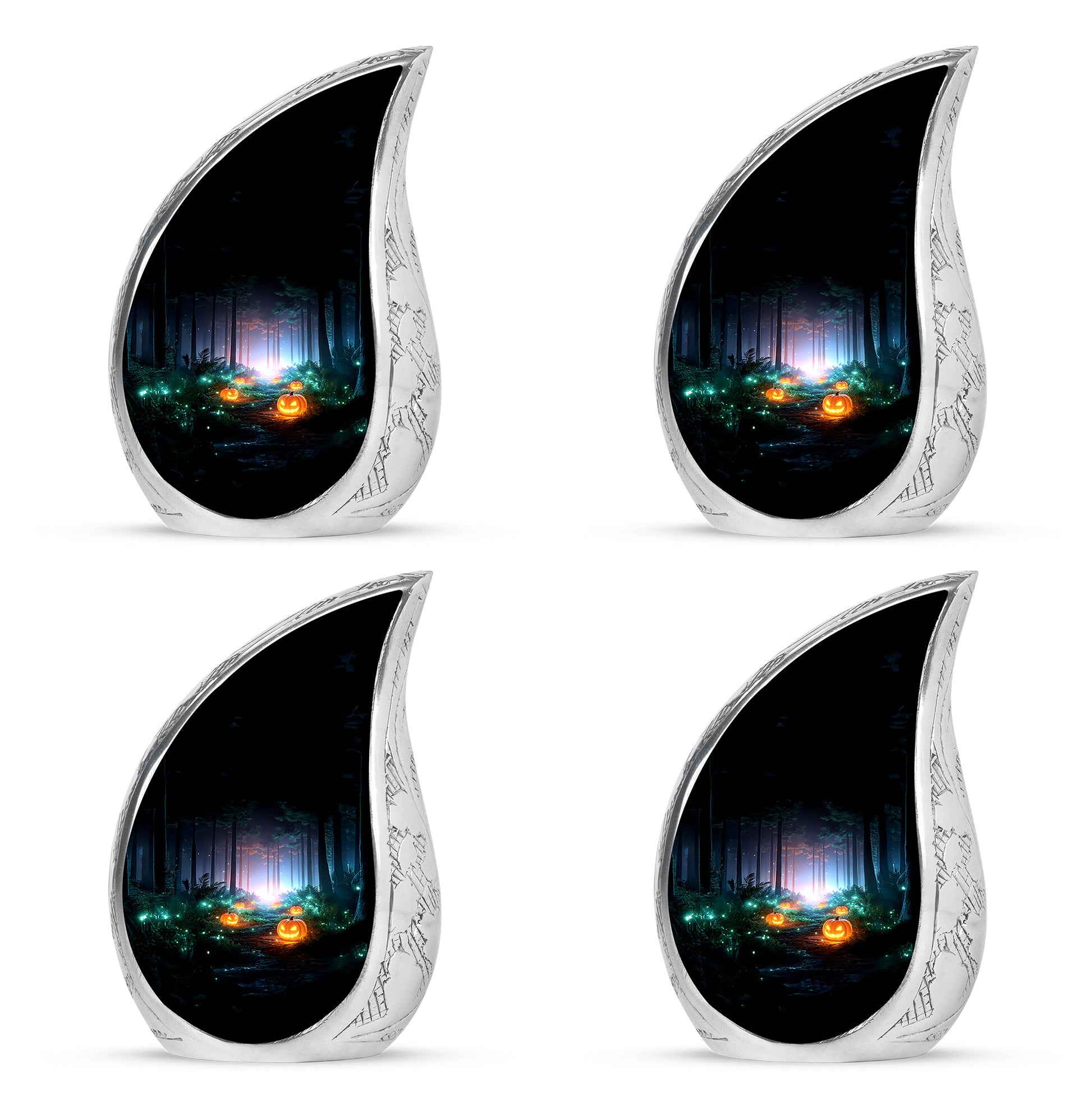 Glossy Black Halloween Cremation Urn close-up of engraving and surface detail - rounded teardrop halloween design with delicate detail - 10 inch aluminum urn for cremated remains