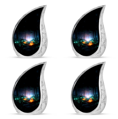 Glossy Black Halloween Cremation Urn close-up of engraving and surface detail - rounded teardrop halloween design with delicate detail - 10 inch aluminum urn for cremated remains