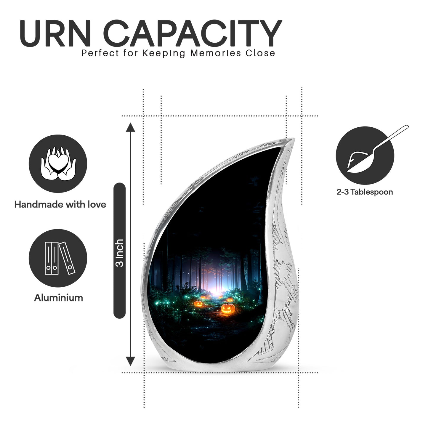 Rich Black Halloween Cremation Urn angled view of lid and engraved motif - rounded teardrop halloween design with delicate detail - mini keepsake memorial for portion of cremation ashes