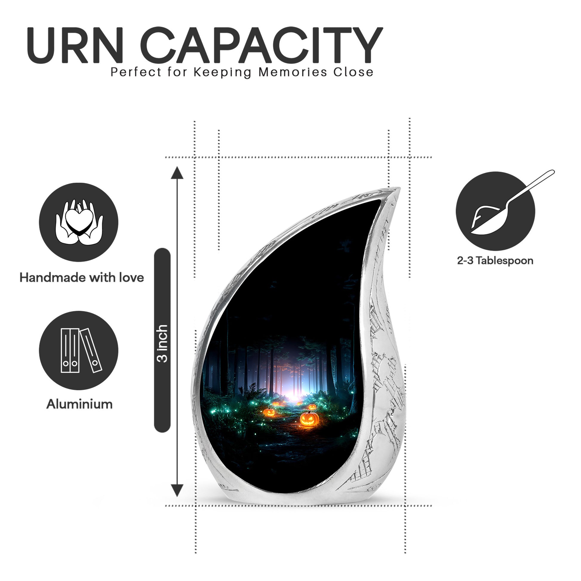 Rich Black Halloween Cremation Urn angled view of lid and engraved motif - rounded teardrop halloween design with delicate detail - mini keepsake memorial for portion of cremation ashes