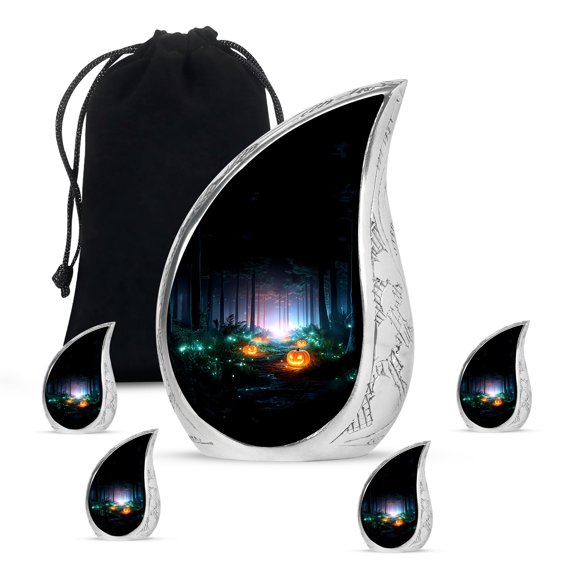 Rich Black Halloween Cremation Urn side profile showing urn shape - flowing teardrop halloween silhouette on curved aluminum - memorial set with one large and four small urns