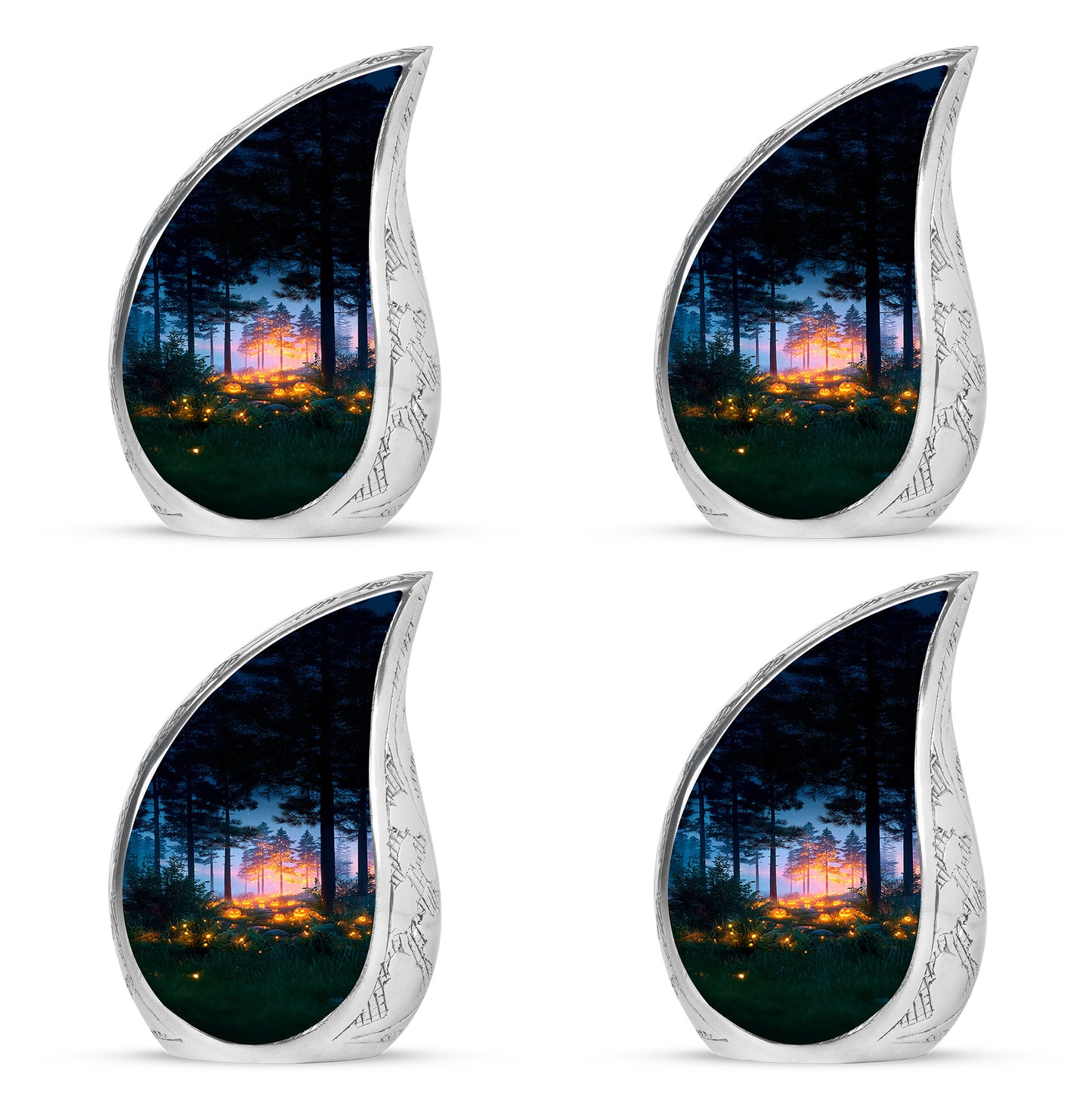Indigo Halloween Cremation Urn close-up of engraving and surface detail - rounded teardrop halloween design with delicate detail - 10 inch aluminum urn for cremated remains
