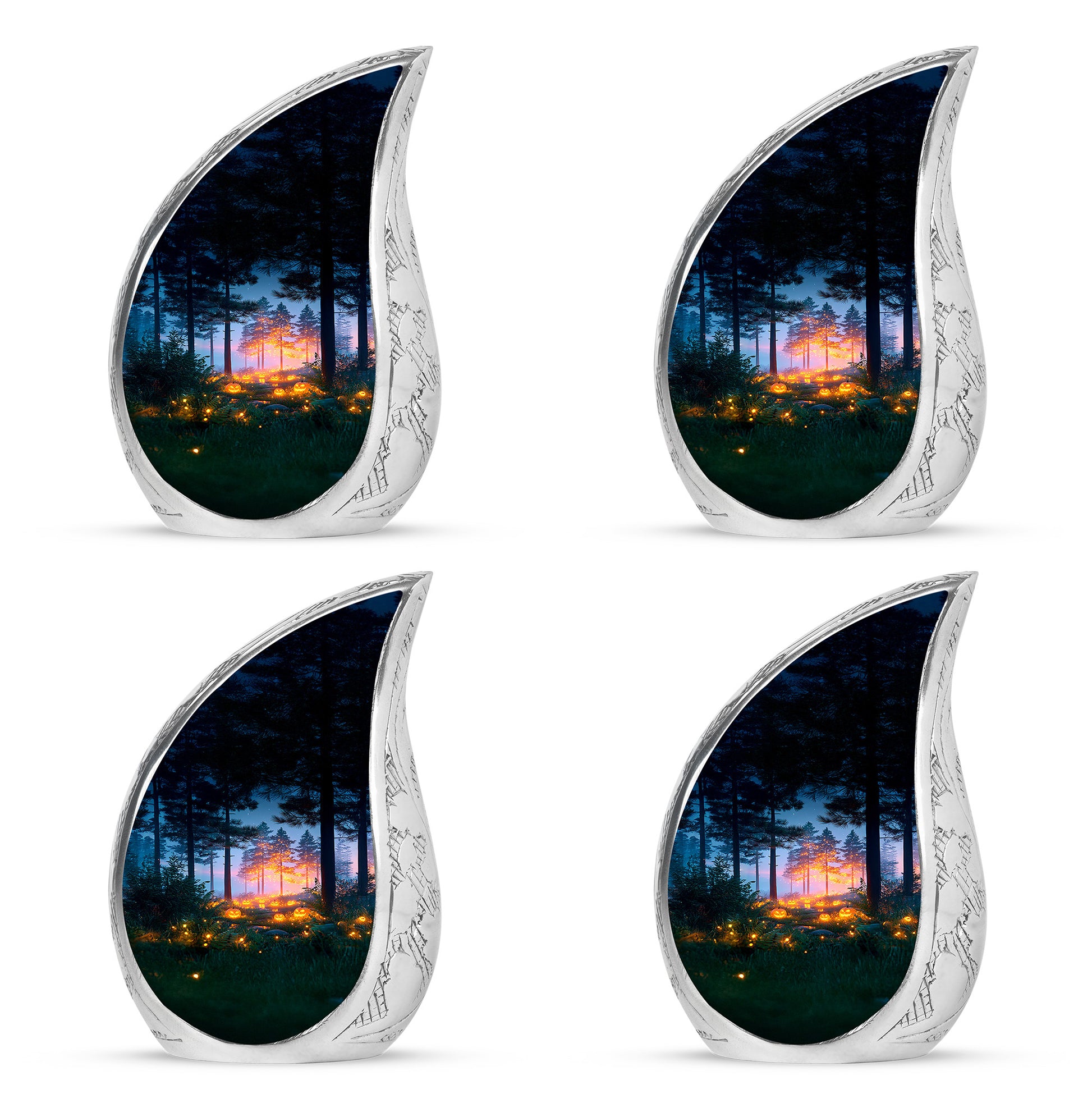 Indigo Halloween Cremation Urn close-up of engraving and surface detail - rounded teardrop halloween design with delicate detail - 10 inch aluminum urn for cremated remains