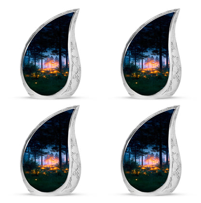 Indigo Halloween Cremation Urn close-up of engraving and surface detail - rounded teardrop halloween design with delicate detail - 10 inch aluminum urn for cremated remains