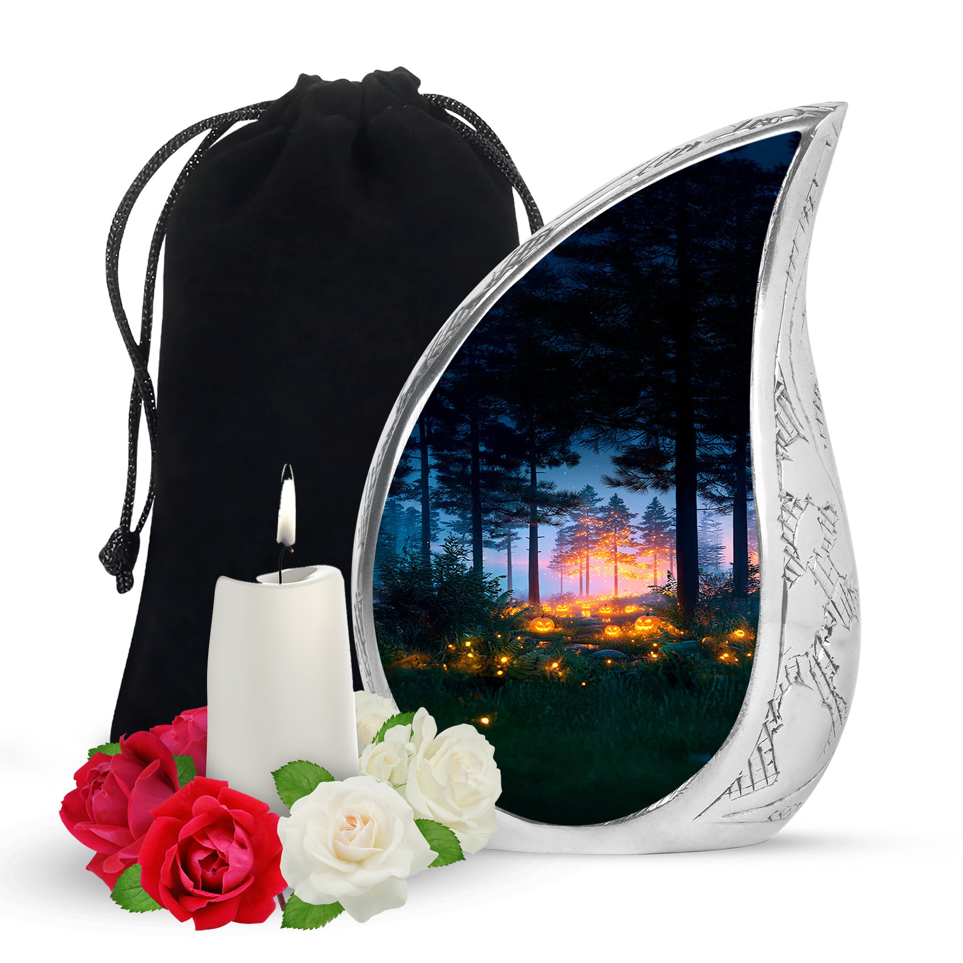 Slate Blue Halloween Cremation Urn front view showing detailed design - flowing teardrop halloween silhouette on curved aluminum - full-size 10 inch 200 cubic inch adult cremation urn