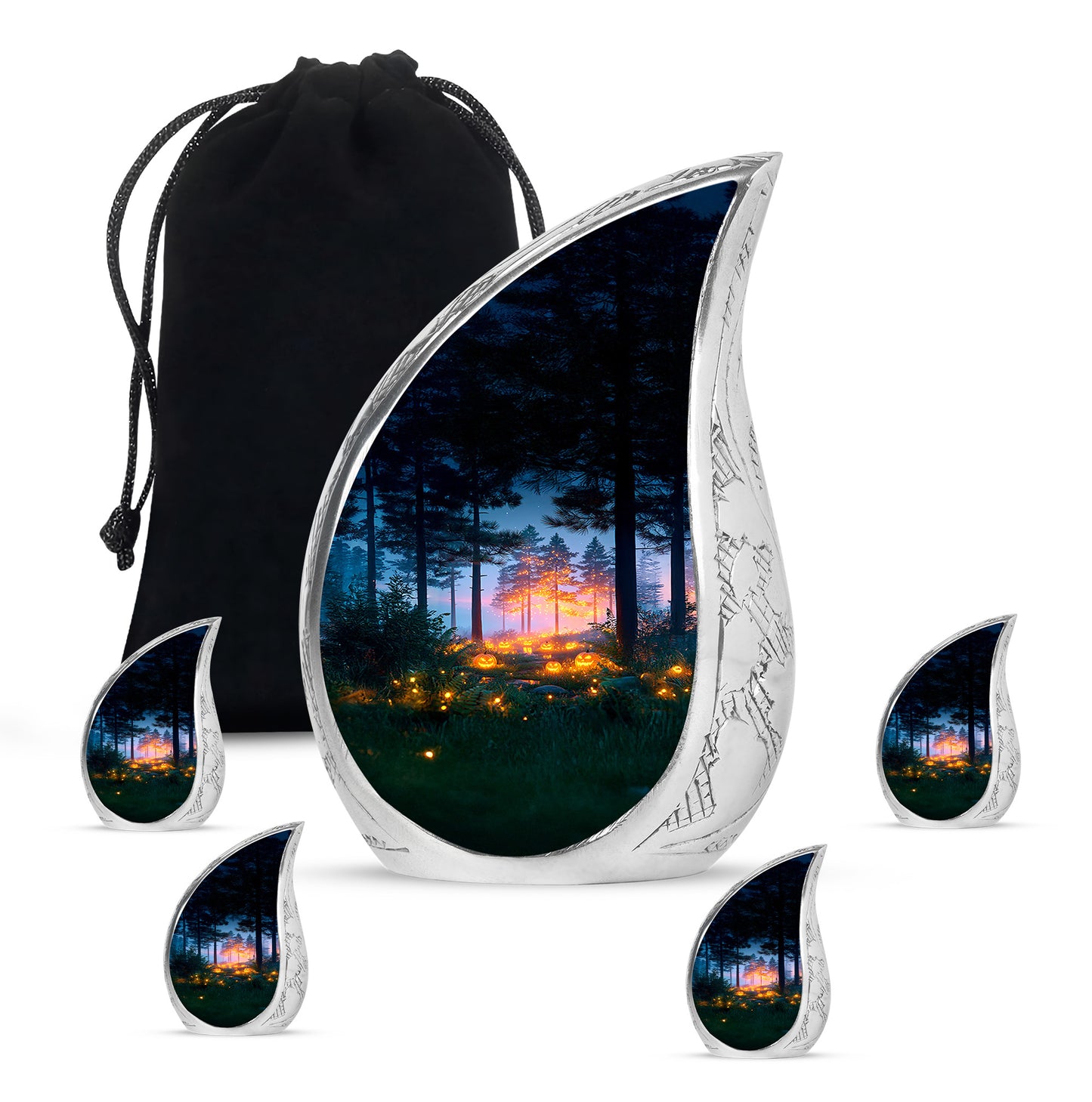Azure Halloween Cremation Urn side profile showing urn shape - flowing teardrop halloween silhouette on curved aluminum - memorial set with one large and four small urns