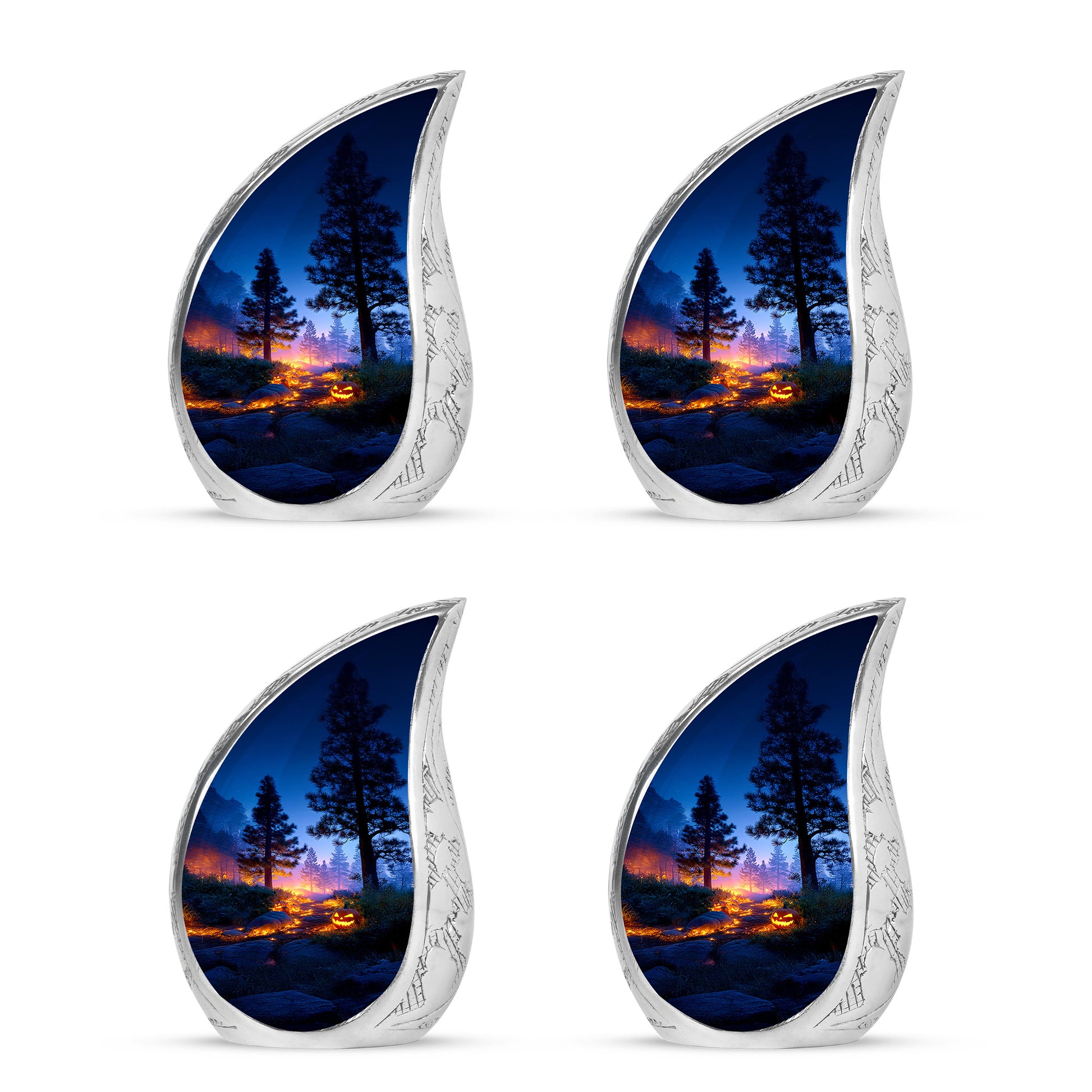 Icy Blue Halloween Cremation Urn close-up of engraving and surface detail - rounded teardrop halloween design with delicate detail - 10 inch aluminum urn for cremated remains