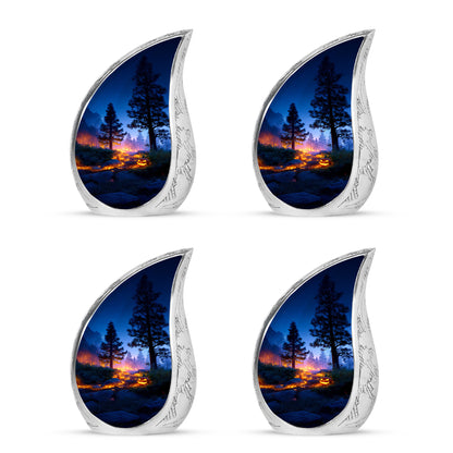 Icy Blue Halloween Cremation Urn close-up of engraving and surface detail - rounded teardrop halloween design with delicate detail - 10 inch aluminum urn for cremated remains