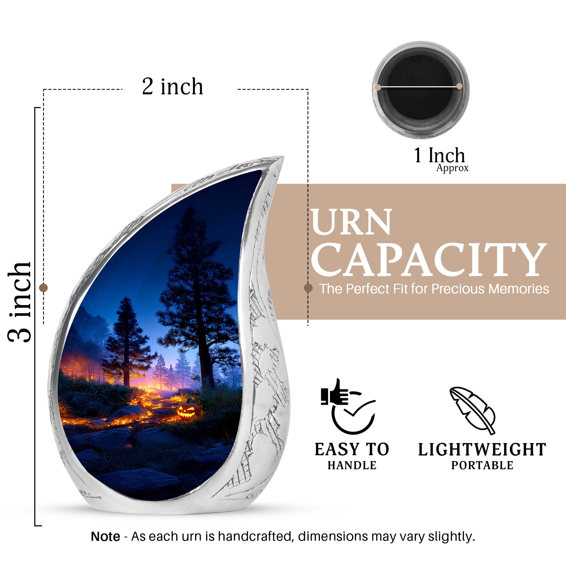 Serene Blue Halloween Cremation Urn angled view of lid and engraved motif - smooth teardrop contour featuring halloween art - mini keepsake memorial for portion of cremation ashes