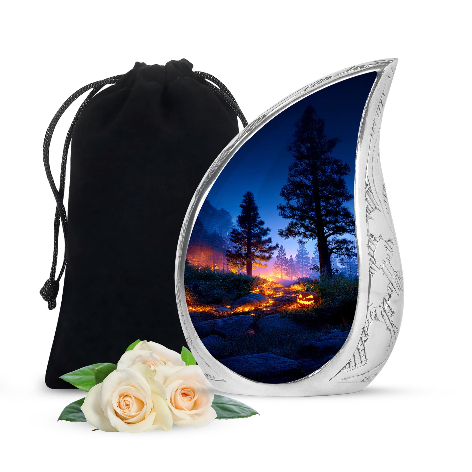 Twilight Blue Halloween Cremation Urn front view showing detailed design - graceful tear-shaped urn with halloween motif - full-size 10 inch 200 cubic inch adult cremation urn