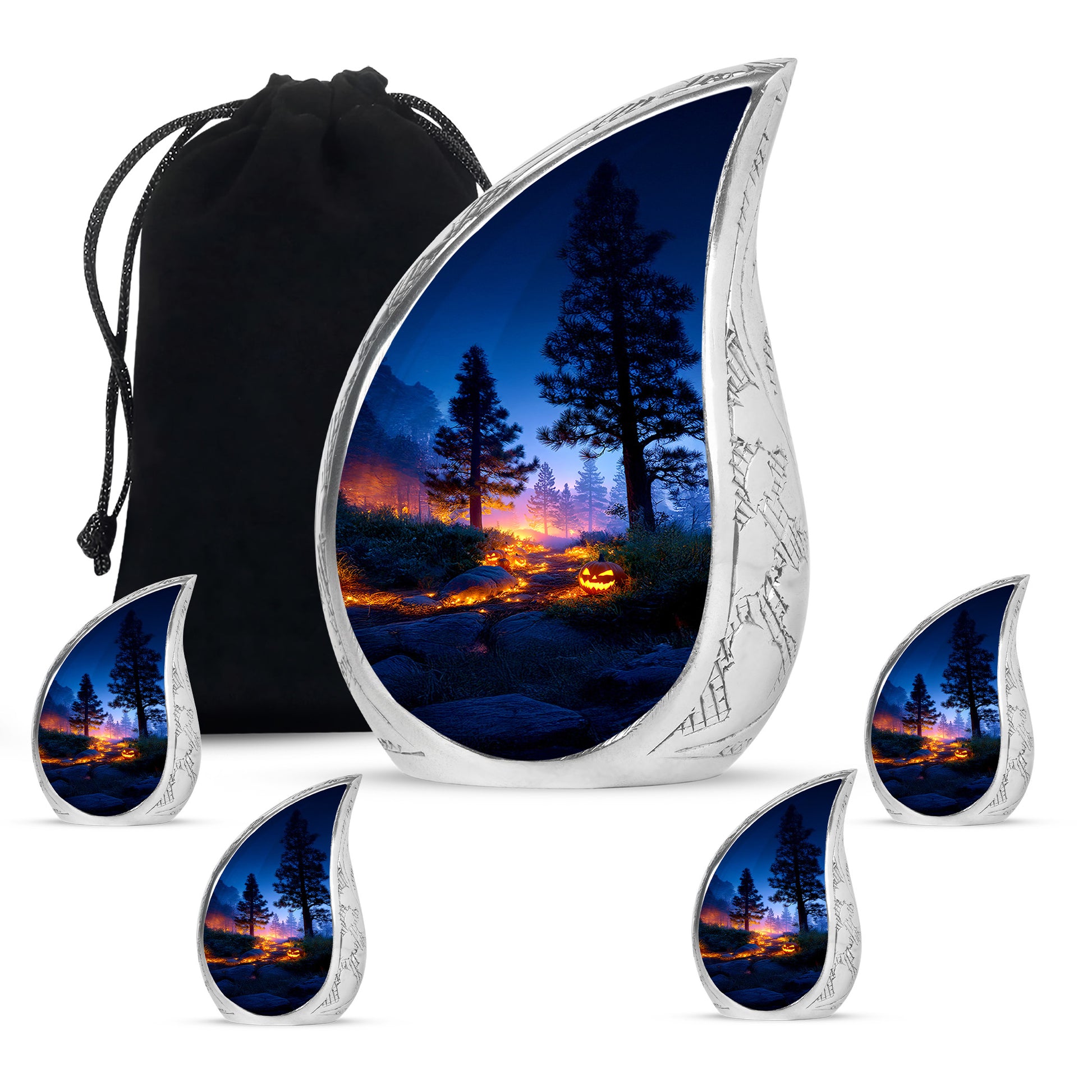 Cobalt Blue Halloween Cremation Urn side profile showing urn shape - graceful tear-shaped urn with halloween motif - memorial set with one large and four small urns