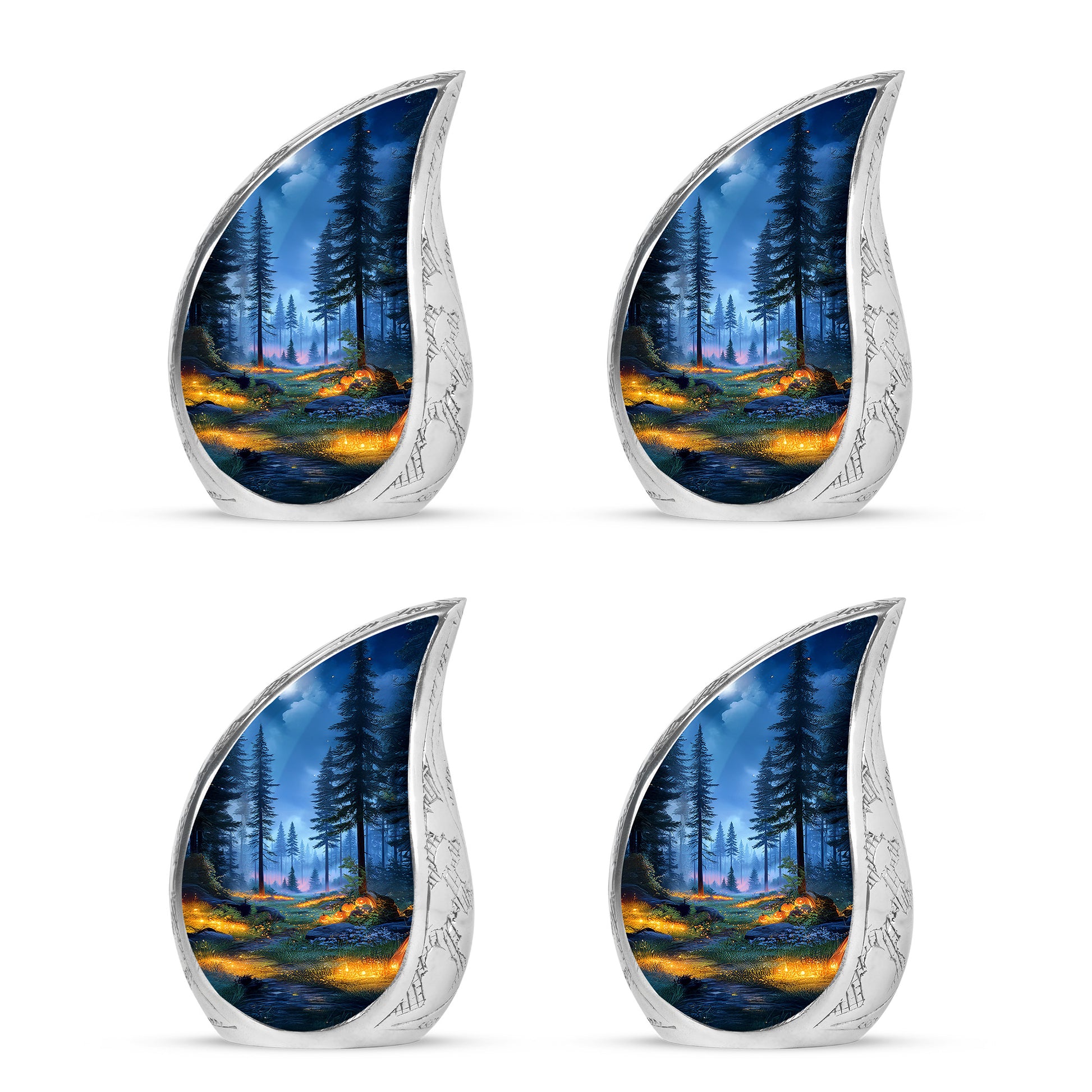 Slate Blue Halloween Cremation Urn close-up of engraving and surface detail - rounded teardrop halloween design with delicate detail - 10 inch aluminum urn for cremated remains