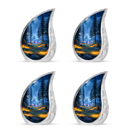 Slate Blue Halloween Cremation Urn close-up of engraving and surface detail - rounded teardrop halloween design with delicate detail - 10 inch aluminum urn for cremated remains